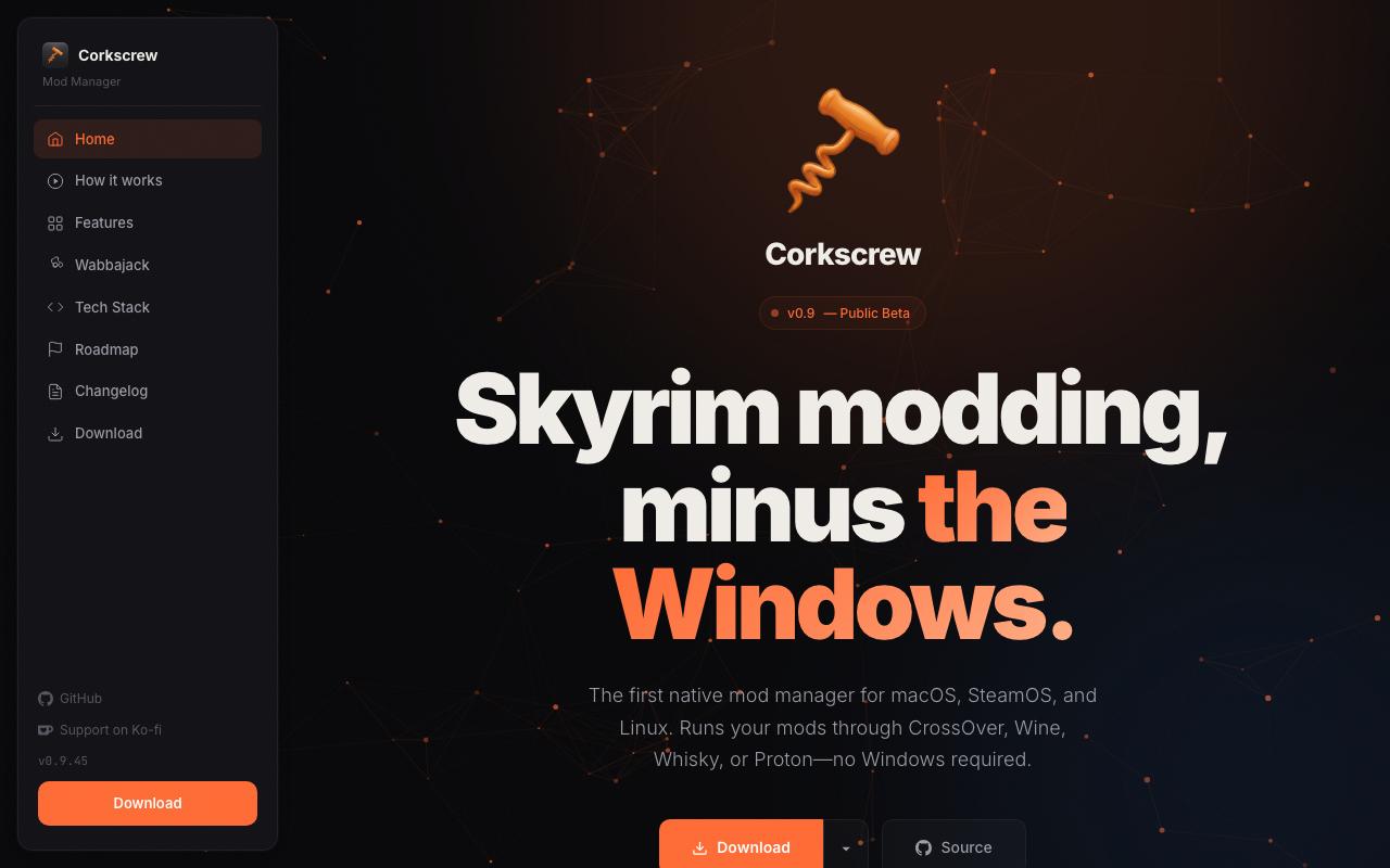 Corkscrew Mod Manager — dark-themed gaming platform